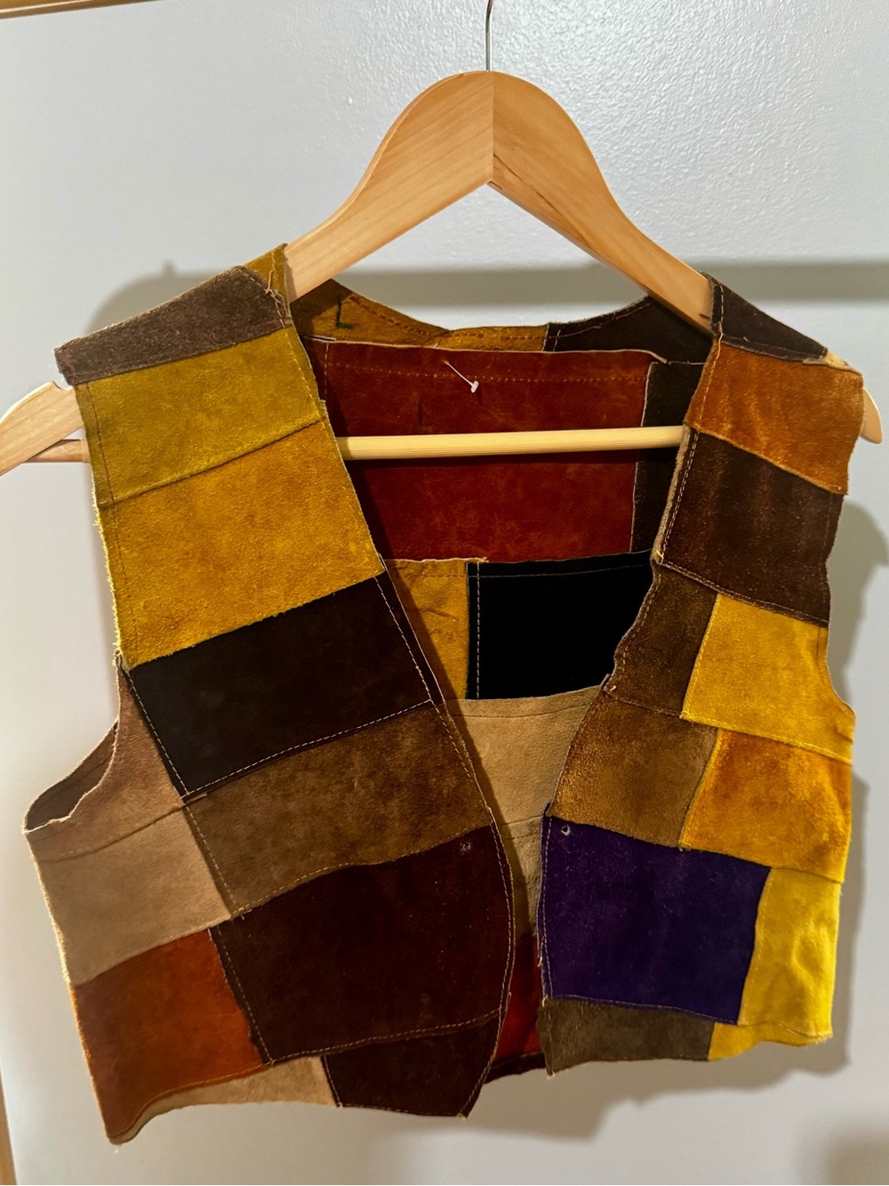 Vintage Western Patchwork Suede Accent Vest in Brown, Gold, Purple by
